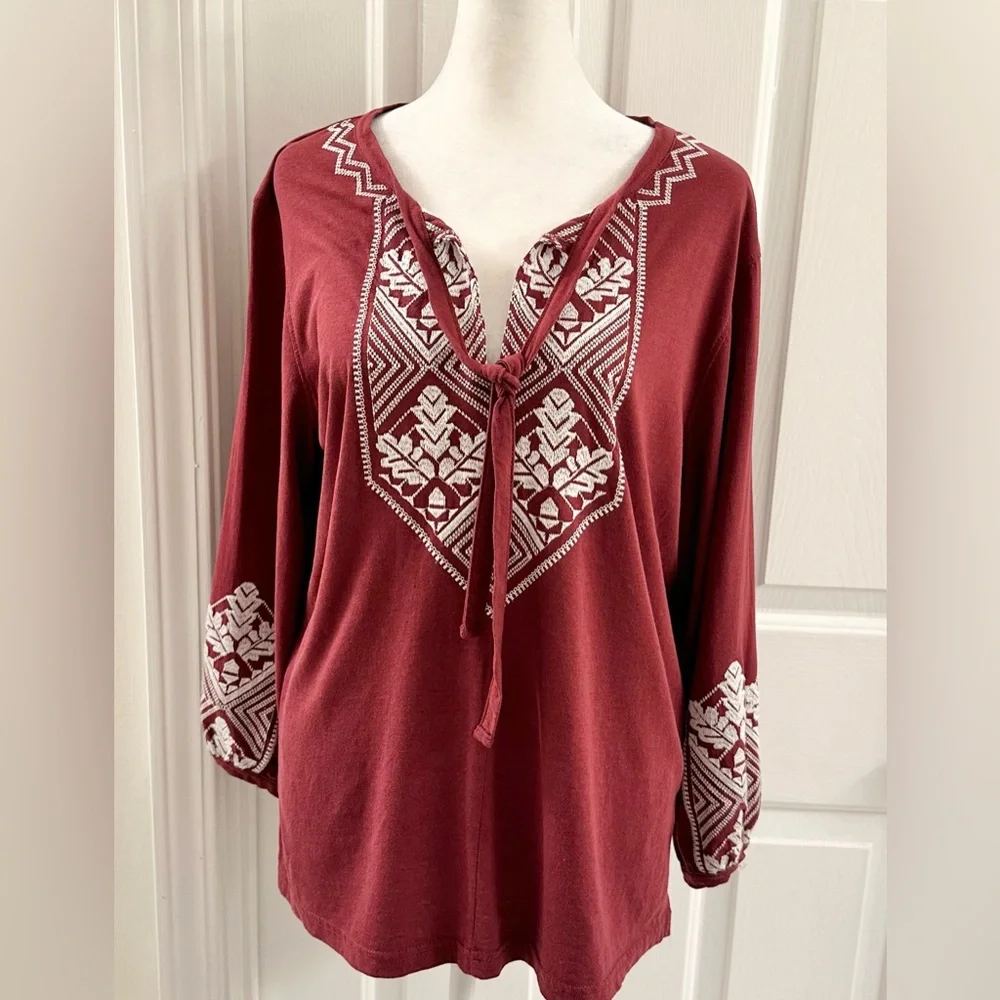 J.CREW‎ Womens Embroidered Tie-neck Tencel Cotton Knit Tee Top Blouse Size S